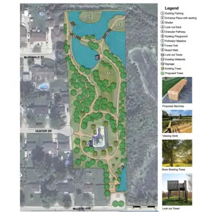 Proposed Approved Master plan showing playground, trails, boardwalks, lookout tower and naturalized areas