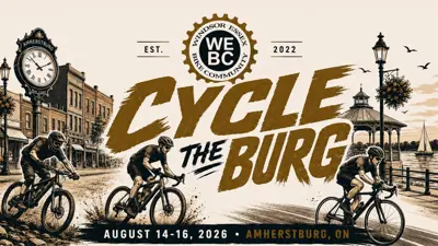 Cycle the Burg August 14 to 16 in downtown Amherstburg with a graphic of cyclists riding bikes downtown
