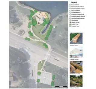 Park master plan showing shoreline, benches, deck, shade structure, trees and shrubs.